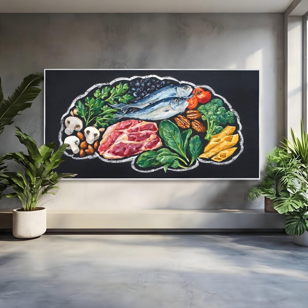 Tablou canvas cu pictura cu alimente variate pe fundal negru, in rama de aluminiu argintiu